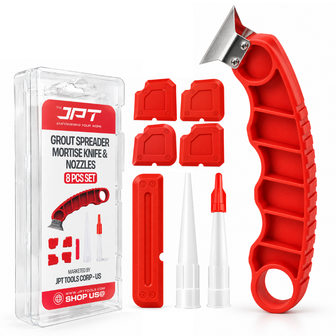 JPT 8-Piece Caulking Tool Set, Grout Spreader, Mortise Knife & Nozzles 8-Piece Set • Sharp Metal Blade • Flexible Spreaders • Multiple Finish Sizes • Reusable Tools • Caulk Nozzles