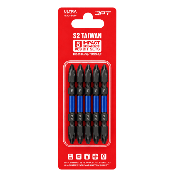 JPT Magnetic Impact Screwdriver Bit Set (5 PCS) | S2 Taiwan Material | 1/4 Inch Hex Shank & PH2 Tip | For High Torque Performance