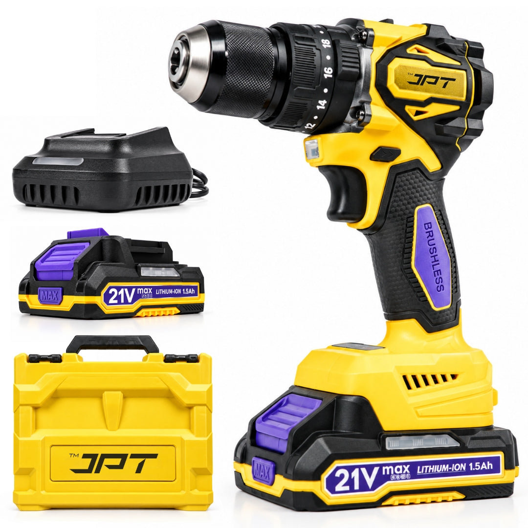 JPT New Pro Series Brushless 21-volt Cordless Impact Drill Machine with 70N.m Torque | 2150 RPM Speed | 25+3 Gears | 2 Speed Modes | 3/8" Metal Chuck | One Year Warranty