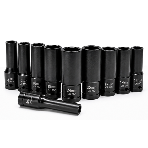 JPT Heavy-Duty 10-Piece Deep Impact Wrench Socket Set | 8MM To 24MM Long Size | 1/2-Inch Drive Size