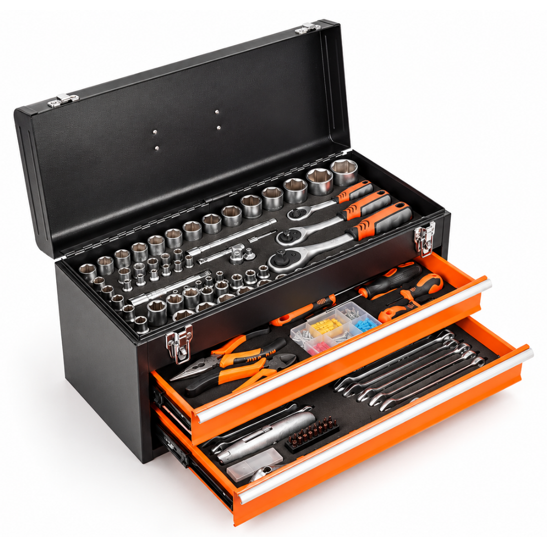 JPT 225 Pcs Tool Kit with Metal Tool Box, 2 Drawers, Socket & Spanner Set 60 Sockets 4-32mm • 3 Ratchets • 16 Spanners • 6 Screwdrivers • 3 Pliers • Metal Latches & Carry Handle