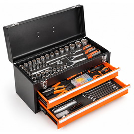 JPT 225 Pcs Tool Kit with Metal Tool Box, 2 Drawers, Socket & Spanner Set 60 Sockets 4-32mm • 3 Ratchets • 16 Spanners • 6 Screwdrivers • 3 Pliers • Metal Latches & Carry Handle