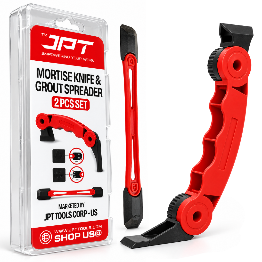 JPT Caulking Tool Set, 2-Piece Mortise Knife & Grout Spreader 2-Piece Set • Adjustable Heads • Caulk Removal & Finishing • Corners & Flat Surfaces • Reusable Design