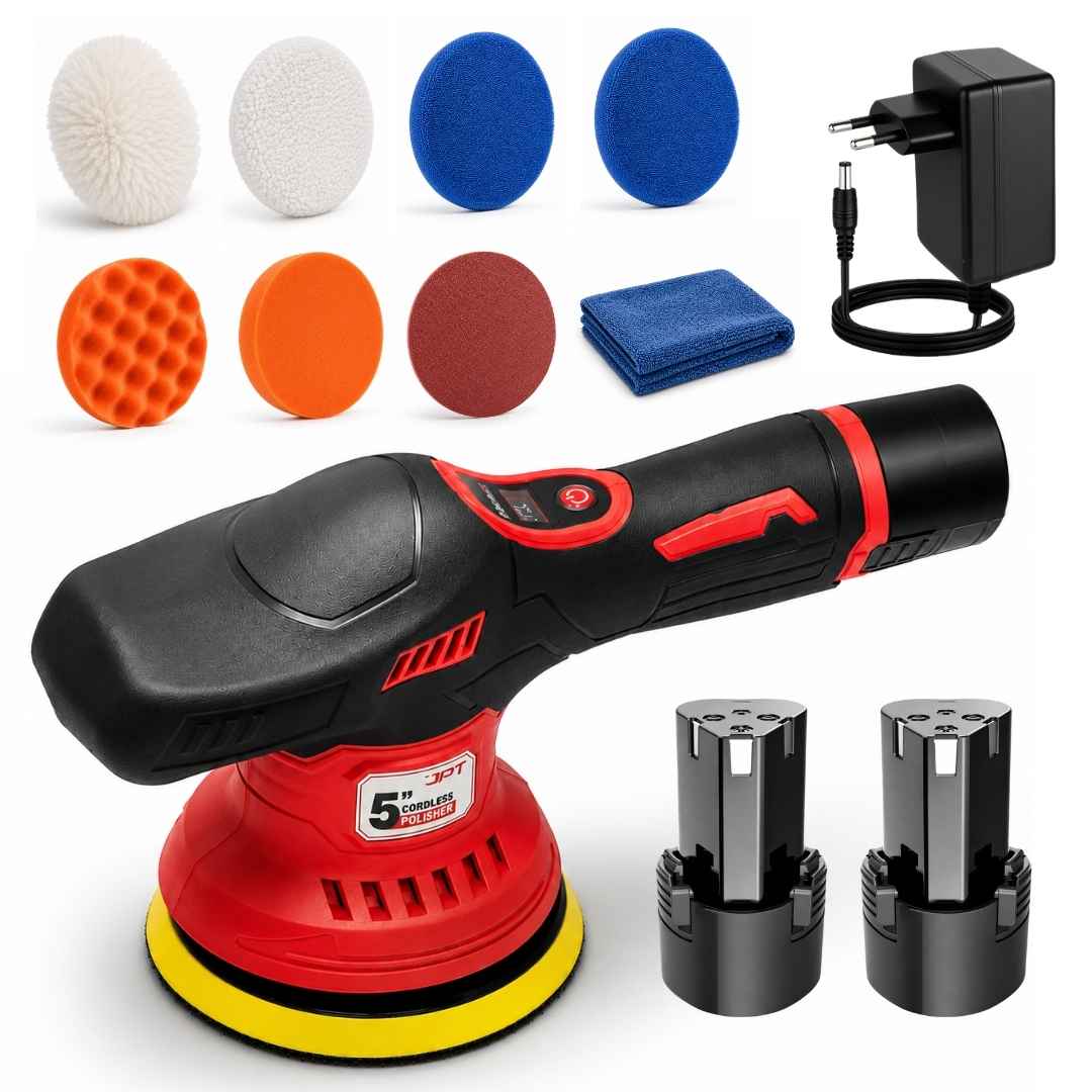 JPT 5-inch cordless car polisher complete kit box showing all 7 polishing pads microfiber towel and accessories