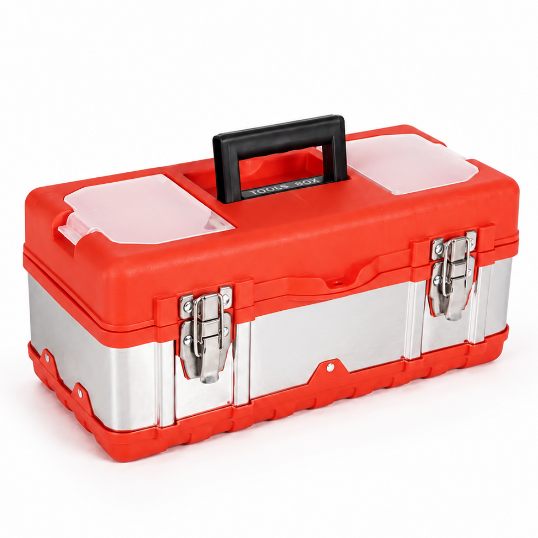 JPT 17-Inch Metal Tool Box, Transparent Top Organizer, Removable Tray | 17 Inches Heavy-Duty Metal Body Transparent Lid Organizer Removable Organizer Tray Heavy-Duty Metal Hinges Locking Latch