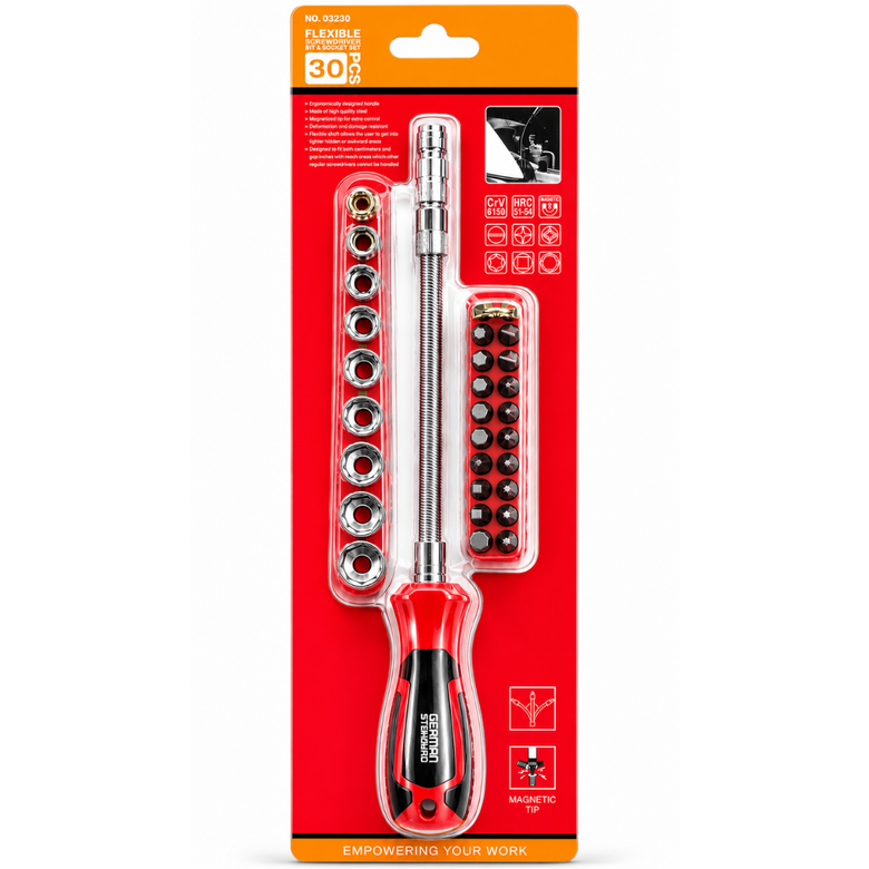 JPT 30-Piece Flexible Screwdriver & Bit Set, Magnetic Tip, CR-V Steel | Premium CR-V Bits • Flexible Extension Shaft • Magnetic Tip • Ergonomic Grip • Socket & Bit Set