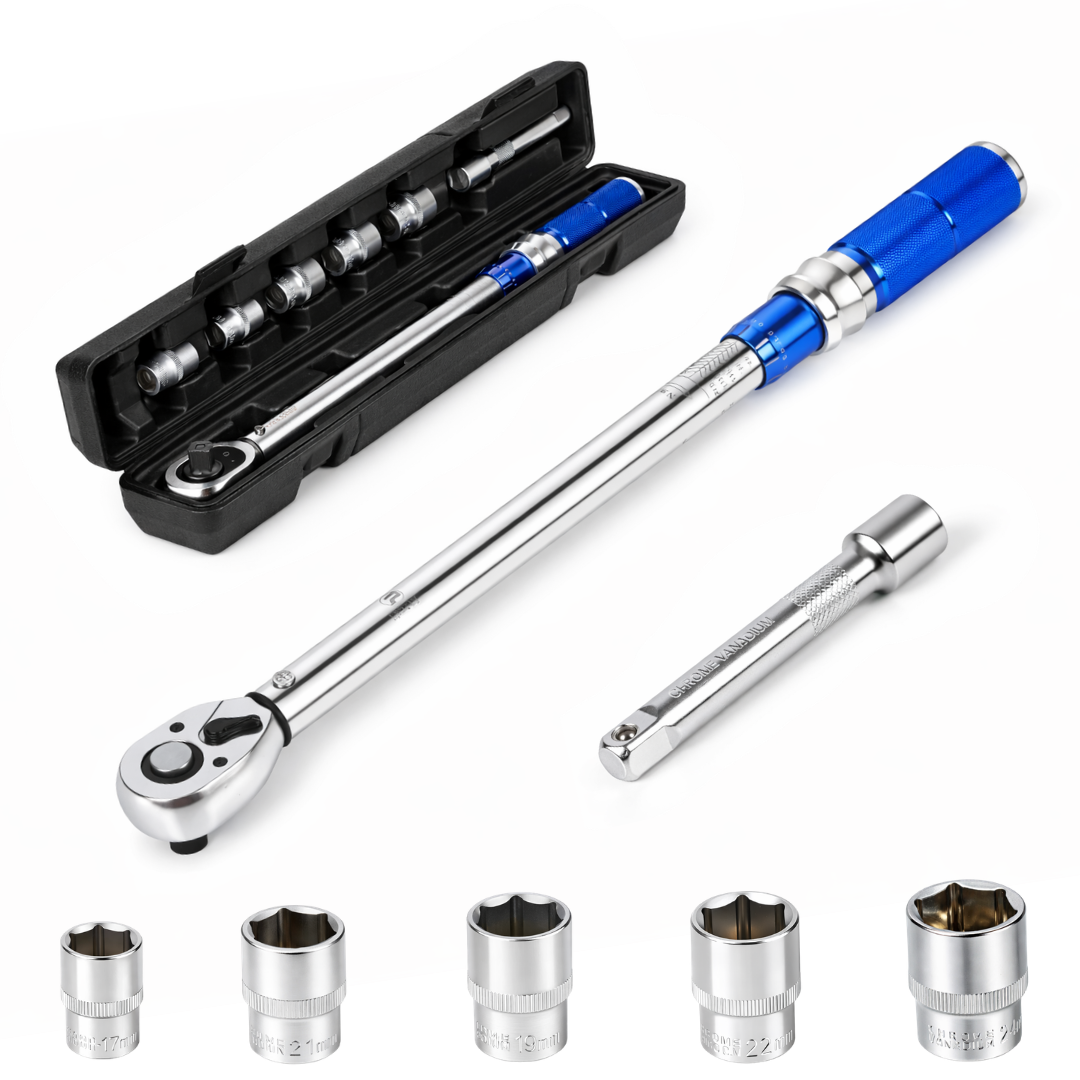 Buy JPT 1/2 inch adjustable torque wrench 20–220Nm ±3% with CRV sockets 17–24mm & extension bar. Ideal for car wheel nuts and automotive workshop use. Buy Now