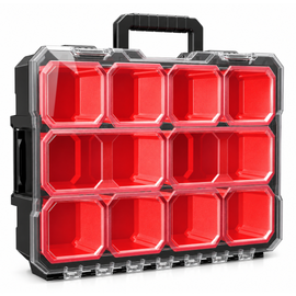 JPT Deep Tool Organiser Box with 10 Removable Bins, Heavy-Duty Storage Case with Transparent Lid for Tools, Hardware, Screws, Nuts, and Small items