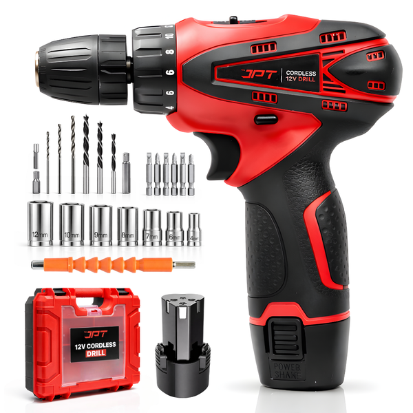 JPT 12-volt Multi-Tasking 3/8-inch Keyless Chuck Cordless Drill Machine | 24 Nm Torque | 1350 RPM Speed | 2 Speed Gear | 18+1 Clutch | 2 x 1500mAh Battery | Fast Charger