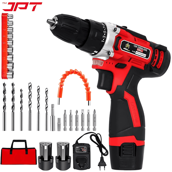 JPT Heavy-Duty 12V Pro Series Cordless Drill Machine | 45N.M. Torque | 1950 RPM Speed | 25+1 Torque Setting | 2 Speed Modes | 3/8" Keyless Chuck | 1500mAh Battery | 24 Drill Accessories Included