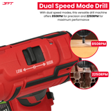 JPT Heavy-Duty 21V Cordless Impact Drill Machine | Brushless Motor | 85N.M Torque | 2250RPM Speed | 10mm Chuck | 25+3 Torque Settings | Dual Speed (Low & High) | Forward/Reverse Function | Li-ion Battery