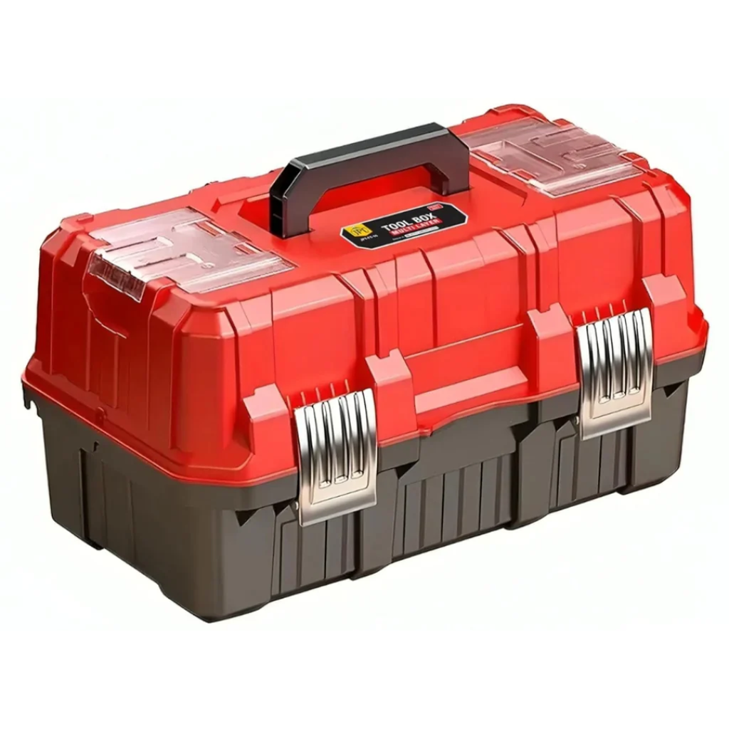 JPT 17-Inch 2-Tiers Heavy-Duty Folding Tool Box | Industrial-Grade Plastic Build | Two Transparent Lids With 2 Tray Compartments | SS Secure Latch with Padlock | Best for Electricians, Carpenters, Automobile