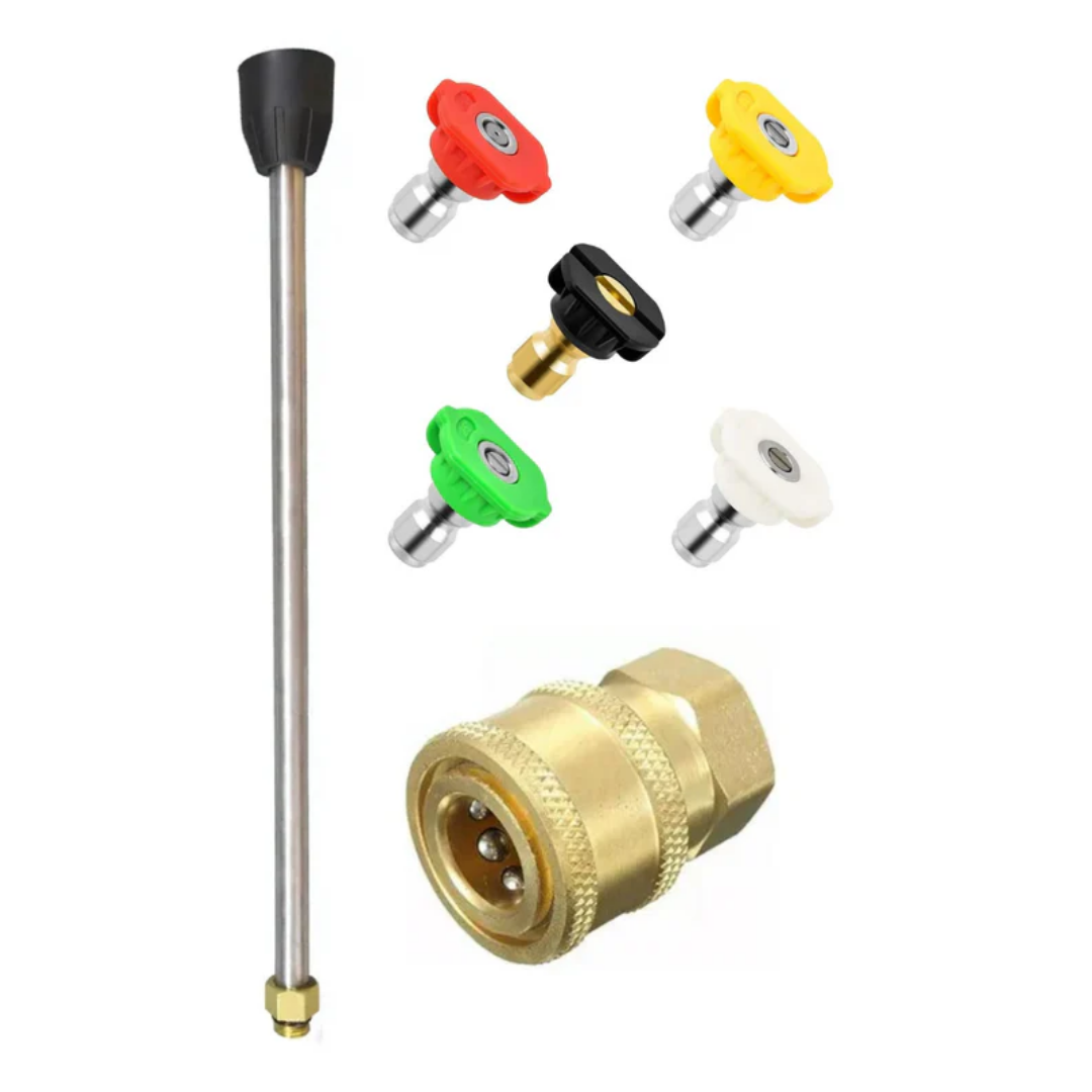 JPT Combo 10"/25CM Pressure Washer Extension Rod, One Quick Connector, And 5-Piece 1/4-Inch Quick Connect Universal Pressure Washer Nozzle Tips