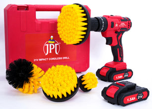 JPT Combo 21v Cordless Screwdriver with 2 Batteries and 4pcs Drill Brush Attachments for Deep Cleaning All Purpose Car, Bathroom, Tiles, Corners Cleaning, Scrubbing Brush Kit
