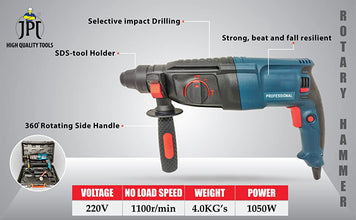 26mm 1050W Reversible Rotary Hammer Drill Machine with 3 Modes 3 Hammers Bits 2 Chisels & Carrying Case