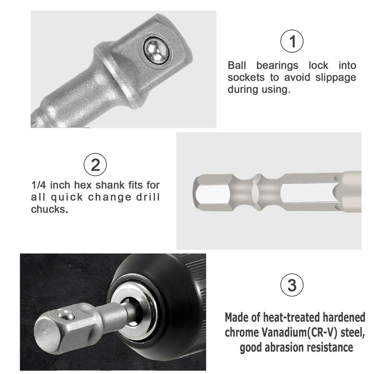 JPT 3 Pcs Socket Adapter Set Hex Shank to 1/4, 3/8, 1/2 Inch Impact Driver Drill Bits