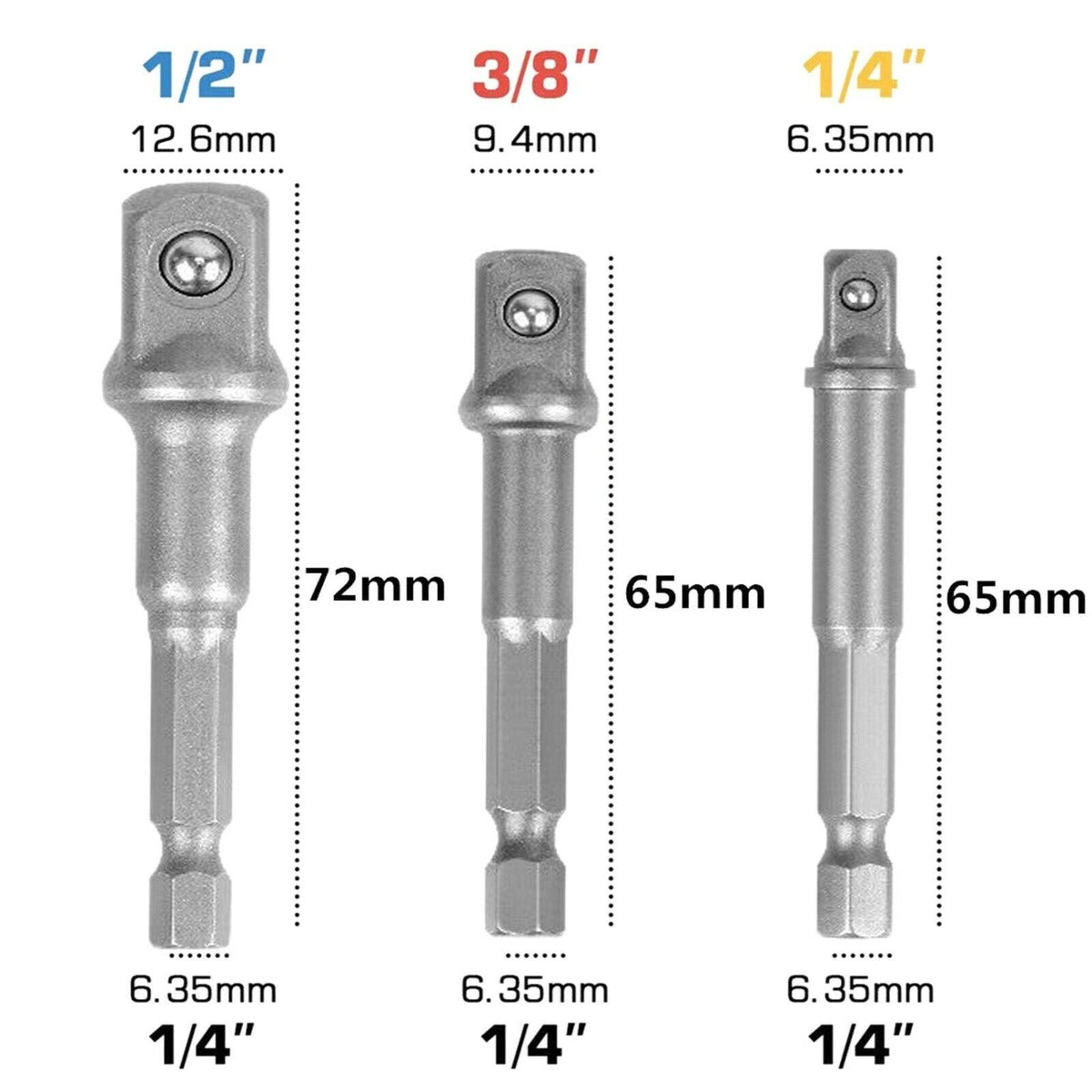 JPT 3 Pcs Socket Adapter Set Hex Shank to 1/4, 3/8, 1/2 Inch Impact Driver Drill Bits